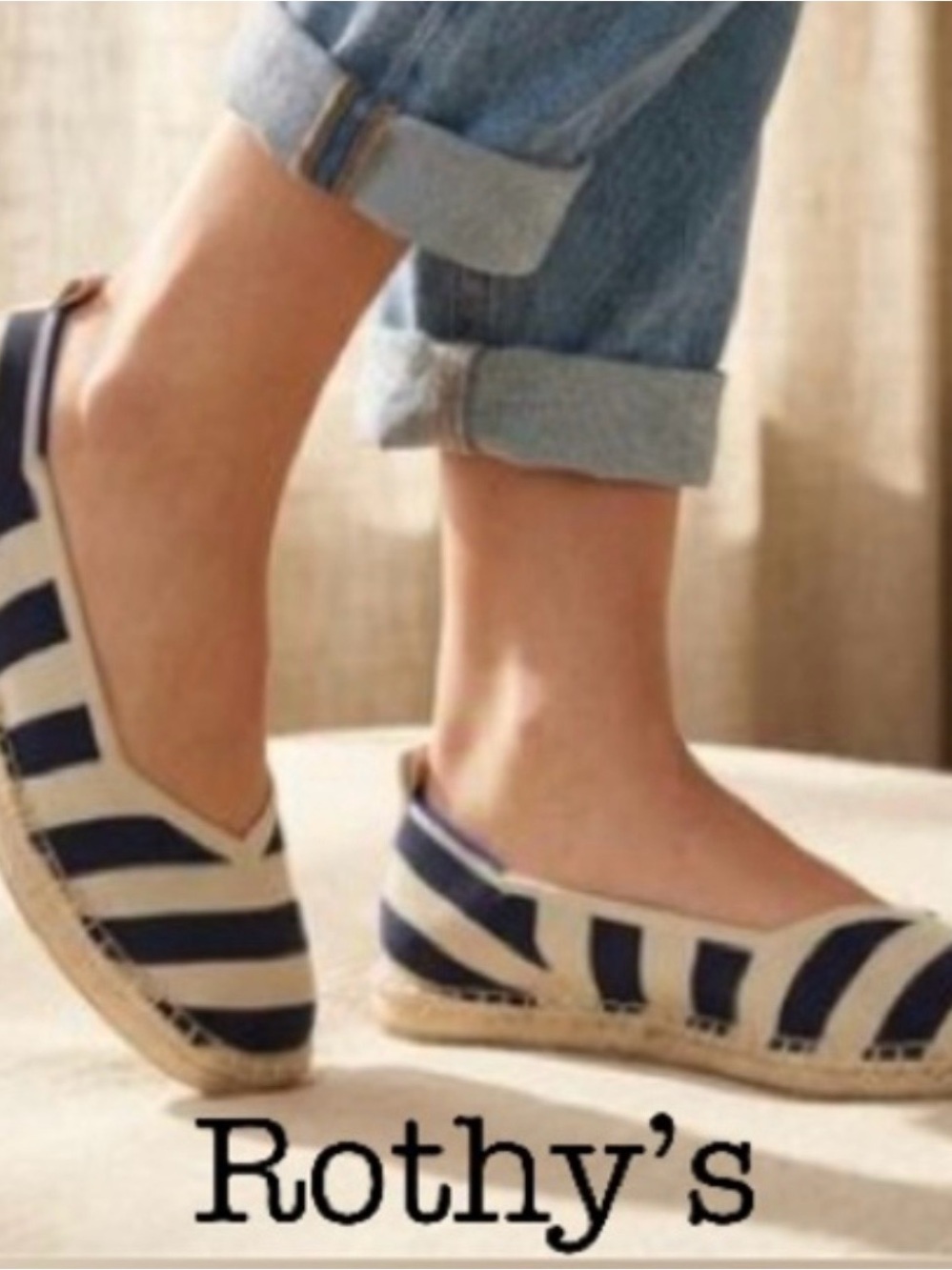 Rothy's Navy and Cream Striped Slip-On Espadrilles… SZ 9